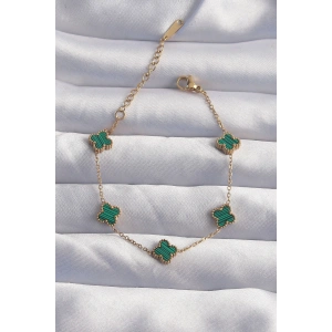 316L Çelik Baby Boy Gold Renk Çizgili Yeşil Mineli Yonca Bileklik - TJ-BB6271