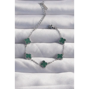 316L Çelik Baby Boy Gümüş Renk Çizgili Yeşil Mineli Yonca Bileklik - TJ-BB6270