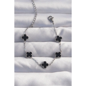 316L Çelik Baby Boy Gümüş Renk Siyah Mineli Yonca Bileklik - TJ-BB6275