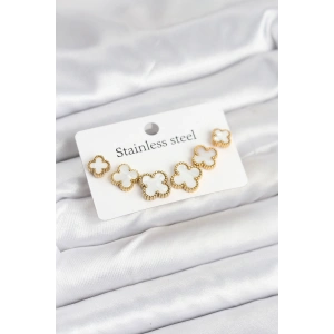 316L Çelik Gold Beyaz Renk 3 Boy Yonca Küpe Seti - TJ-BKP11237