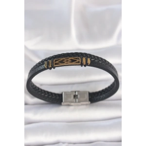 316L Çelik Gold Renk Aksesuarlı Çift Sıra Siyah Burgu Desenli Deri Kordon Erkek Bileklik