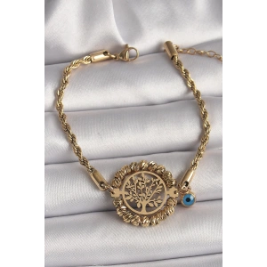 316L Çelik Gold Renk Burgu Zincir Model Dorika Yaşam Ağacı Figür Nazar Boncuk Detay Kadın Bileklik - TJ-BB6784