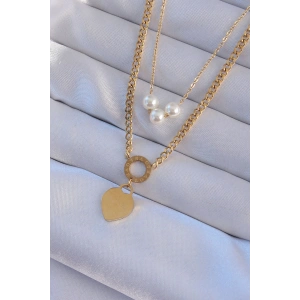 316L Çelik Gold Renk Çift Zincir İnci Detayı Love Kalp Kolye - TJ-BKO8939