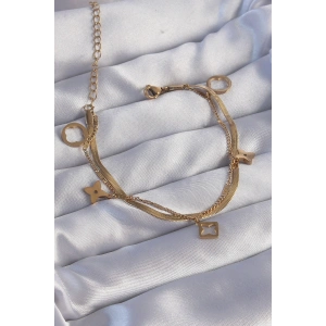 316L Çelik Gold Renk Çift Zincir Yonca Tasarım Bileklik - TJ-BB6181