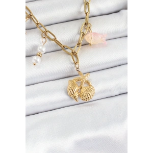 316L Çelik Gold Renk Deniz Yıldızı ve Deniz Kabuğu Konsept Kadın Kolye - TJ-BKO10294