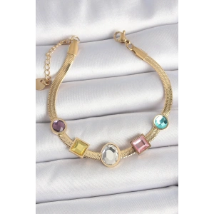 316L Çelik Gold Renk İtalyan Zincir Renkli Zirkon Taşlı Kadın Bileklik