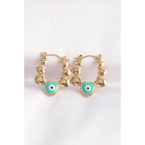 316L Çelik Gold Renk Mavi Nazarlı Kalpli Model Küpe - TJ-BKP8948