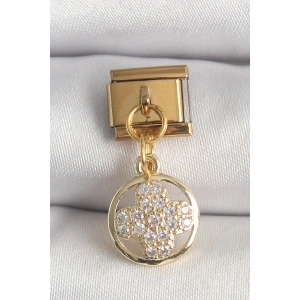 316L Çelik Gold Renk Sallantı Zirkon Taşlı Yonca Model Nomination Charm - TJ-BC1340