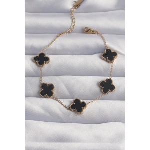 316L Çelik Gold Renk Siyah Mineli Yonca Bileklik