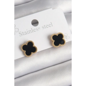 316L Çelik Gold Renk Siyah Yonca Model Kadın Küpe - TJ-BKP10199
