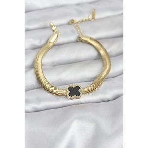 316L Çelik Gold Renk Siyah Yonca Model Zirkon Taşlı Yılan Zincirli Kadın Bileklik - TJ-BB8156