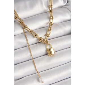 316L Çelik Gold Renk Tifany Zincir Model Kilit Figür Sallantı İnci Detay Kadın Kolye