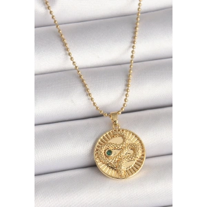 316L Çelik Gold Renk Topçuk Zincir Yılan İşlemeli Zirkon Taş Detaylı Madalyon Model Kadın Kolye - TJ-BKO9844