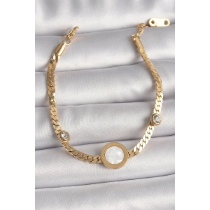 316L Çelik Gold Renk Yassı Zincir Model Zirkon Taş Detaylı Beyaz Mineli Madalyon Model Kadın Bileklik