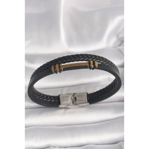 316L Çelik Gold Renk ZikZak İşlemeli Aksesuarlı Çift Sıra Burgu Desenli Deri Kordon Erkek Bileklik