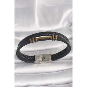 316L Çelik Gold Renk ZikZak İşlemeli Aksesuarlı Çift Sıra Burgu Desenli Deri Kordon Erkek Bileklik - TJ-EB3705