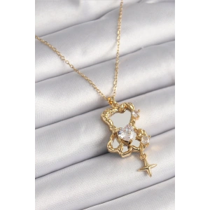 316L Çelik Gold Renk Zincir Ayna Ayıcık Model Zirkon Taşlı Kalp Model Kadın Kolye - TJ-BKO9626