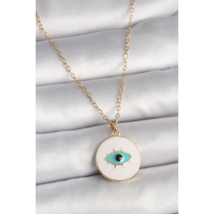 316L Çelik Gold Renk Zincir Beyaz Mineli Turkuaz Göz İşleme Model Kadın Kolye - TJ-BKO9730