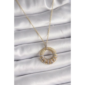 316L Çelik Gold Renk Zincir Gümüş Zirkon Taşlı Daire Model Kadın Kolye - TJ-BKO9481