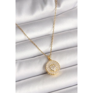 316L Çelik Gold Renk Zincir Madalyon Zirkon Taşlı Kalp Model Kadın Kolye - TJ-BKO9946