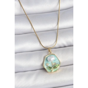 316L Çelik Gold Renk Zincir Mavi Çiçek İşlemeli İnci İşlemeli Portre Model Kadın Kolye - TJ-BKO10126