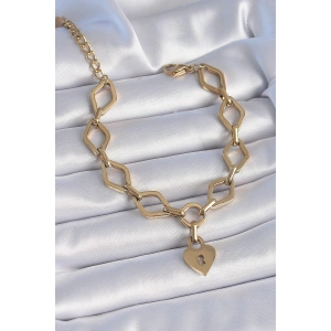 316L Çelik Gold Renk Zincir Model Kilit Kalp Figür Kadın Bileklik - TJ-BB6434