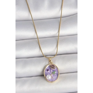 316L Çelik Gold Renk Zincir Mor Çiçek İşlemeli İnci Detay Portre Model Kadın Kolye - TJ-BKO10078