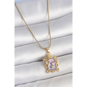 316L Çelik Gold Renk Zincir Mor Mineli Çiçek İşlemeli Zirkon Taşlı Detay Portre Model Kadın Kolye - TJ-BKO10190