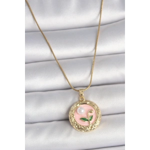 316L Çelik Gold Renk Zincir Pembe Çiçek İşlemeli inci Detay Portre Model Kadın Kolye - TJ-BKO10079