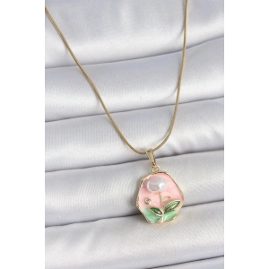 316L Çelik Gold Renk Zincir Pembe Çiçek İşlemeli İnci Detay Portre Model Kadın Kolye - TJ-BKO10125