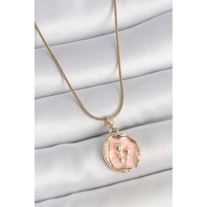 316L Çelik Gold Renk Zincir Pembe Mineli Çiçek İşlemeli Portre Model Kadın Kolye - TJ-BKO10165