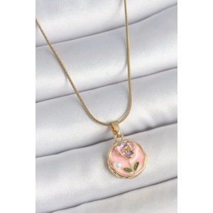 316L Çelik Gold Renk Zincir Pembe Minimal Çiçek İşlemeli İnci Detay Portre Model Kadın Kolye - TJ-BKO10129