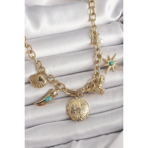 316L Çelik Gold Renk Zincir Sallantılı Çoklu Figür Model Kadın Kolye - TJ-BKO9849