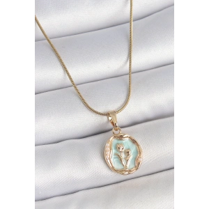 316L Çelik Gold Renk Zincir Turkuaz Mineli Çiçek İşlemeli Portre Model Kadın Kolye - TJ-BKO10166