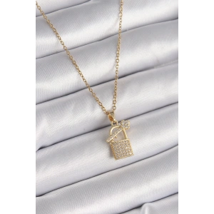 316L Çelik Gold Renk Zincir Zirkon Taşlı Asma Kilit Anahtar Model Kadın Kolye - TJ-BKO9585