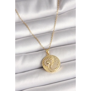 316L Çelik Gold Renk Zincir Zirkon Taşlı Ay Güneş İşlemeli Madalyon Model Kadın Kolye - TJ-BKO9958