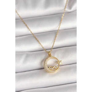 316L Çelik Gold Renk Zincir Zirkon Taşlı Ay Yıldız Model Sonsuzluk Detay Kadın Kolye