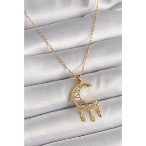 316L Çelik Gold Renk Zincir Zirkon Taşlı Hilal Model Sallantı Yaprak Detay Kadın Kolye - TJ-BKO9650