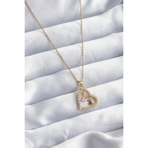 316L Çelik Gold Renk Zincir Zirkon Taşlı Kalp Model Kadın Kolye - TJ-BKO7999
