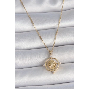 316L Çelik Gold Renk Zincir Zirkon Taşlı Pusula Model Kadın Kolye - TJ-BKO10039