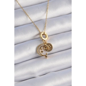 316L Çelik Gold Renk Zirkon Taşlı Ay Yıldız Model Charm Model Kadın Kolye - TJ-BKO9312