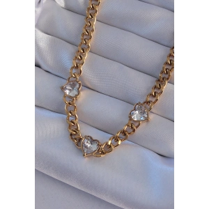 316L Çelik Gold Renk Zirkon Taşlı Kalp Model Zincir Kolye - TJ-BKO8949