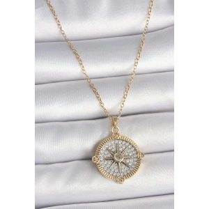 316L Çelik Gold Renk Zirkon Taşlı Pusula Model Kadın Kolye - TJ-BKO10093