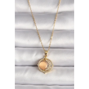 316L Çelik Gold Renk Zirkon Taşlı Turuncu Sedefli Hilal Model Kadın Kolye - TJ-BKO9704