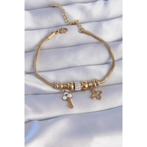 316L Çelik Gold Renk Zirkon Taşlı Yonca Detay Nazarlı Anahtar Tasarımlı Bileklik - TJ-BB6203