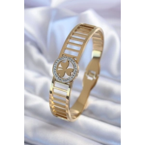 316L Çelik Gold Renk Zirkon Taşlı Yonca Model Kadın Kelepçe - TJ-BB5589