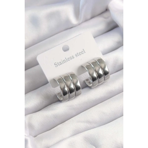316L Çelik Gümüş Renk 3lü Görünüm Bombe Model Yarım Halka Küpe - TJ-BKP9490