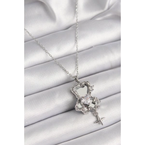 316L Çelik Gümüş Renk Ayna Ayıcık Model Zirkon Taşlı Kalp Detay Kadın Kolye - TJ-BKO9627