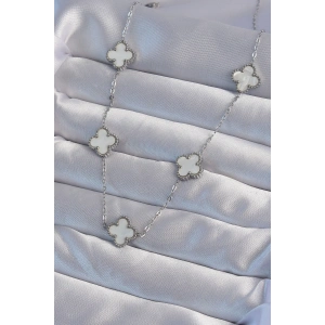 316L Çelik Gümüş Renk Beyaz Sedefli Yonca Kolye - TJ-BKO8995