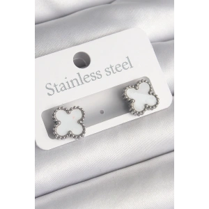 316L Çelik Gümüş Renk Beyaz Yonca Model Kadın Küpe - TJ-BKP10200